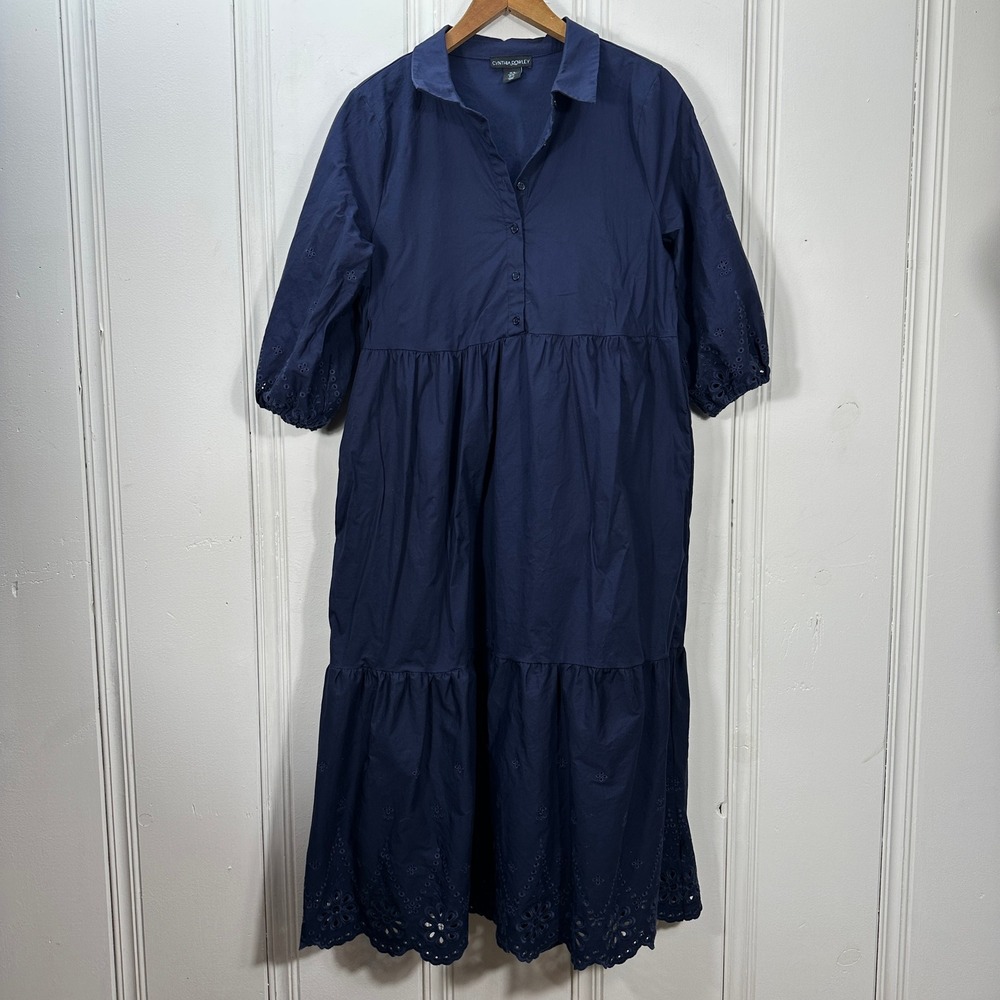 Cynthia Rowley Dress Womens XL Blue Excellent Eyelet Tiered Midi Cotton Blend